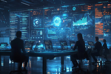 In modern business environment, team engages in creative meeting, utilizing holographic displays and advanced technology to analyze data and strategize. atmosphere is dynamic and focused, showcasing i