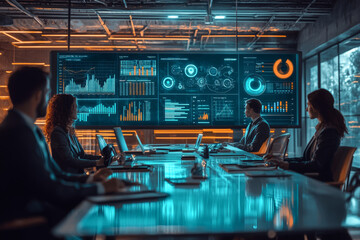 A creative business meeting is taking place with holographic display showcasing various data visualizations. atmosphere is focused and innovative, highlighting teamwork and technology