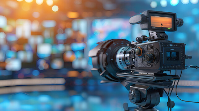 Professional media production live streaming events. Video camera on a tripoc in action. Digital broadcasting, podcast, interview, tv production, videographer, media journalism, steady cam events. 