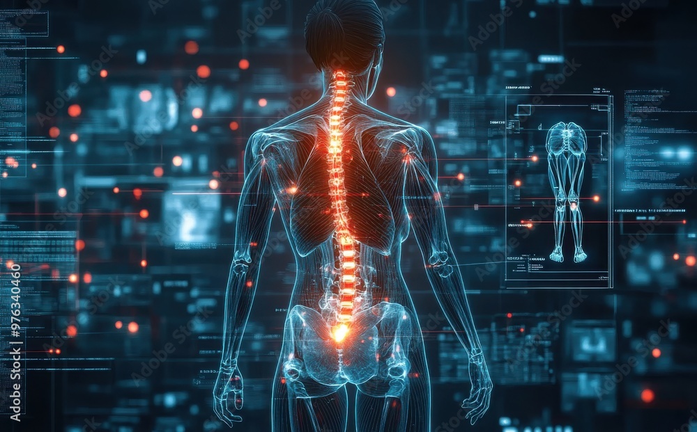 Poster digital x-ray of human lower back and spine with advanced technology interface