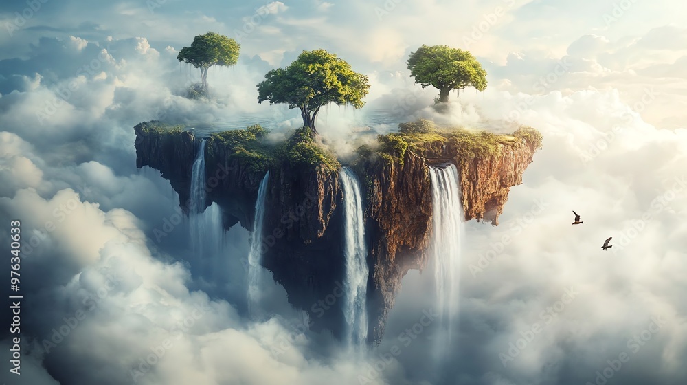 Poster a majestic floating island with waterfalls cascading down into the clouds, creating a breathtaking a