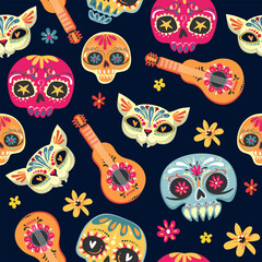 Seamless pattern for Day of the dead, Dia de los Muertos holiday. Skull and cats Childish background for fabric, wrapping paper, textile, wallpaper and apparel. Vector illustration