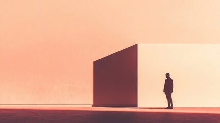 a person standing in front of a blank wall, their shadow forming a complex, abstract shape that symbolizes inner thoughts and emotions. 