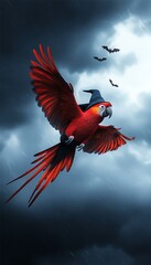 Red parrot wearing a witch hat flying against a stormy sky with bats, Halloween concept.