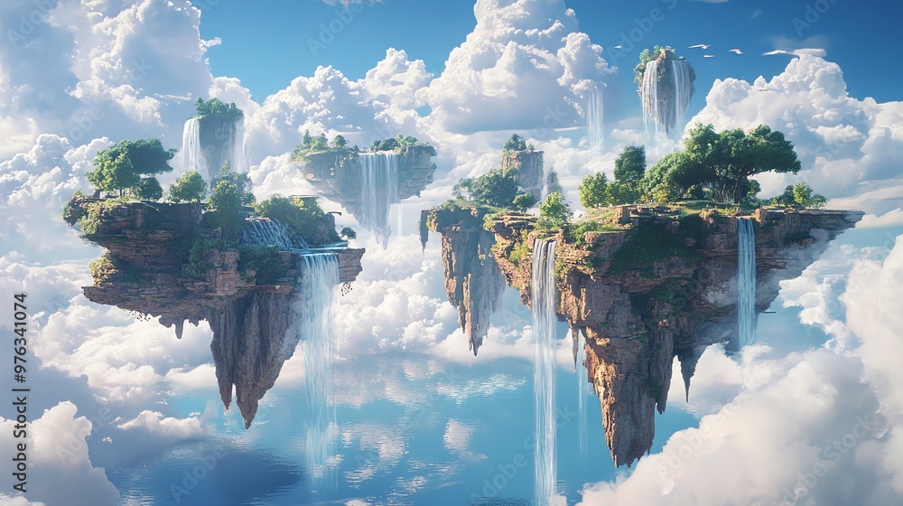 Poster multiple fantasy islands floating in the clouds with waterfalls.