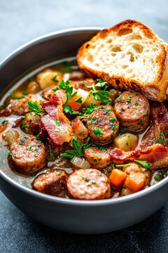 a modern take on Dublin Coddle, featuring slow-cooked sausages, bacon, and vegetables in a clear, flavorful broth
