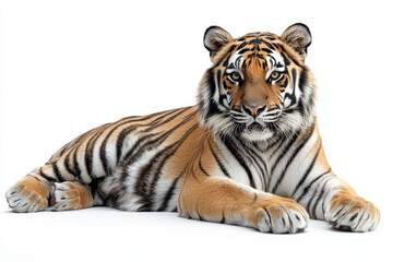 Obraz premium A majestic tiger rests gracefully on white background, showcasing its striking orange and black stripes. This powerful animal exudes sense of calm and strength, captivating all who gaze upon it