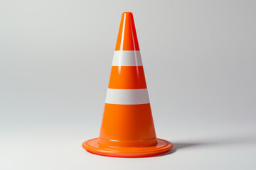 A bright orange traffic cone with white reflective stripes stands prominently against clean, white background. This image captures essence of road safety and traffic management