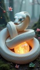 Fototapeta premium A mystical white snake coiled around a glowing orb, set in an enchanting forest, blending fantasy with nature's beauty.