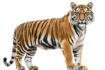 Fototapeta premium Majestic tiger standing on white isolated background, showcasing its striking orange and black stripes. This powerful animal exudes strength and grace, captivating all who behold it