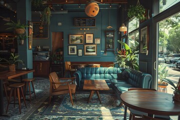 Cozy Café Interior with Vintage Decor and Lush Greenery