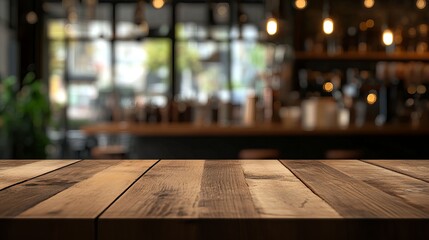 Wooden tabletop with a blurred interior background of a coffee shop used as a mockup for product display