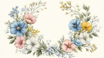 Delicate Hand-Drawn Winter Flower Wreath in Pastel Shades of Blue, Pink, Yellow, and White, Featuring Intricate Details and Textures in a Circular Frame on a Soft, Creamy Background