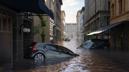 Flooded street in a European city, submerged cars, buildings. Devastating impact of deadly floods in Central Europe. Rescue operations are underway. Storm Boris, climate change, natural disaster 3D