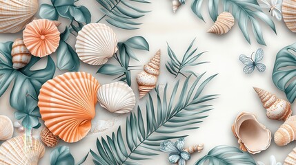 Seamless marine pattern featuring seashells, tropical leaves, and ocean elements. This illustration is ideal for wallpapers, fabric designs, or packaging. Soft pastel colors.