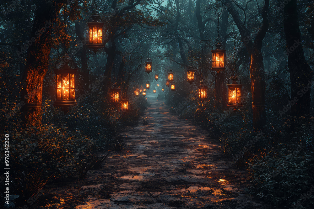 Canvas Prints a spooky lantern-lit pathway through a haunted forest, with ghostly figures lurking in the shadows. 