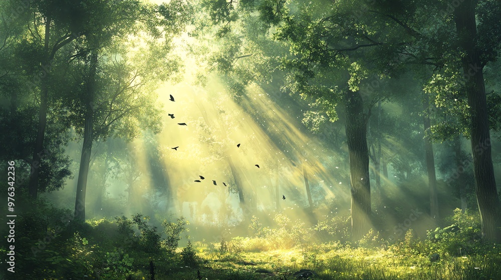 Poster sunbeams stream through the trees in a misty green forest, illuminating the path ahead.