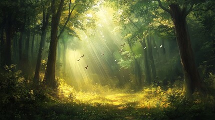 Obraz premium Sunbeams illuminate a pathway through a lush green forest with birds flying above.