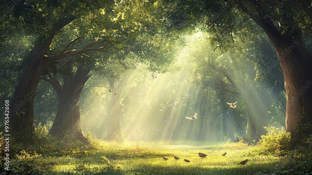 Poster sunlight streams through the trees in a lush, green forest, creating a magical atmosphere.