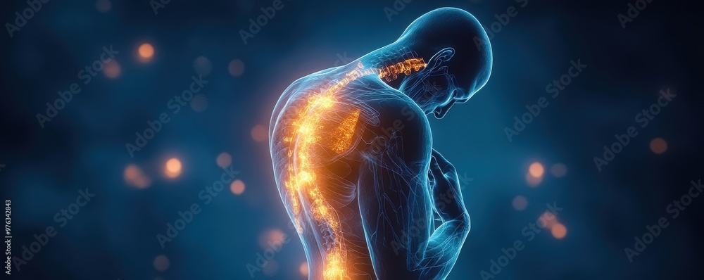 Poster digital illustration of a human figure with an x-ray view showing the nervous system and spine highl
