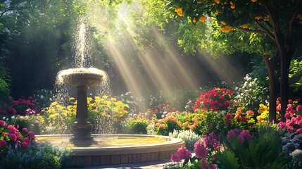 A beautiful garden scene with a fountain and colorful flowers in the sunshine.