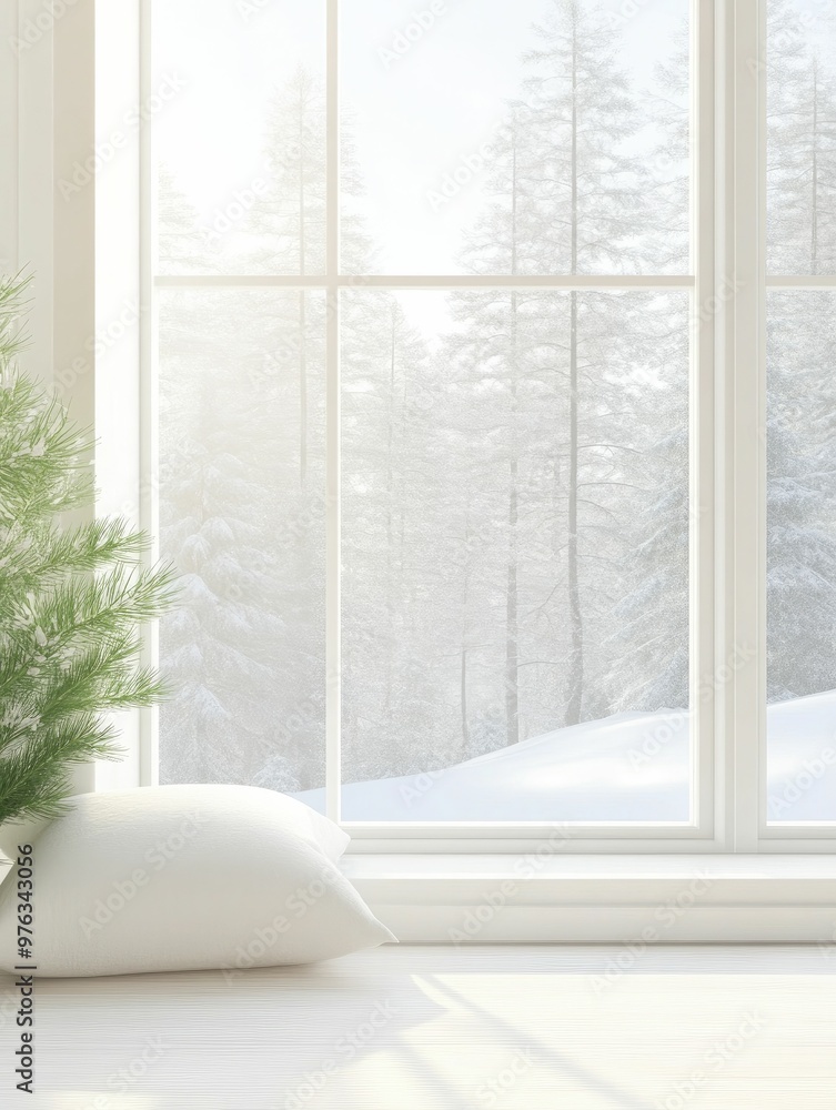 Poster Cozy Winter Scene: Snow-Covered Landscape Framed by a Frosted Window, Evoking a Sense of Warmth and Tranquility on a Chilly Day