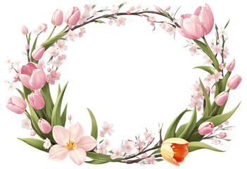 Fototapeta premium Pink Tulips Wreath on a transparent background 