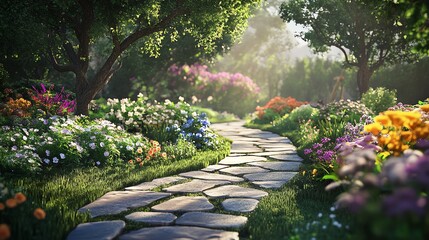 Obraz premium A stone path winds through a lush, colorful garden with blooming flowers.