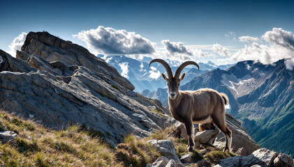 Obraz premium Alpine ibex standing on rocky mountain slope in the Alps