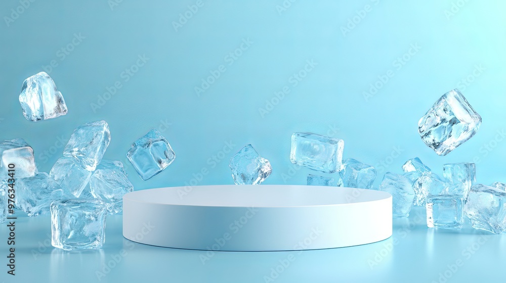 Poster 3d illustration of a cool ice cube podium stage with a blue background designed for a winter product