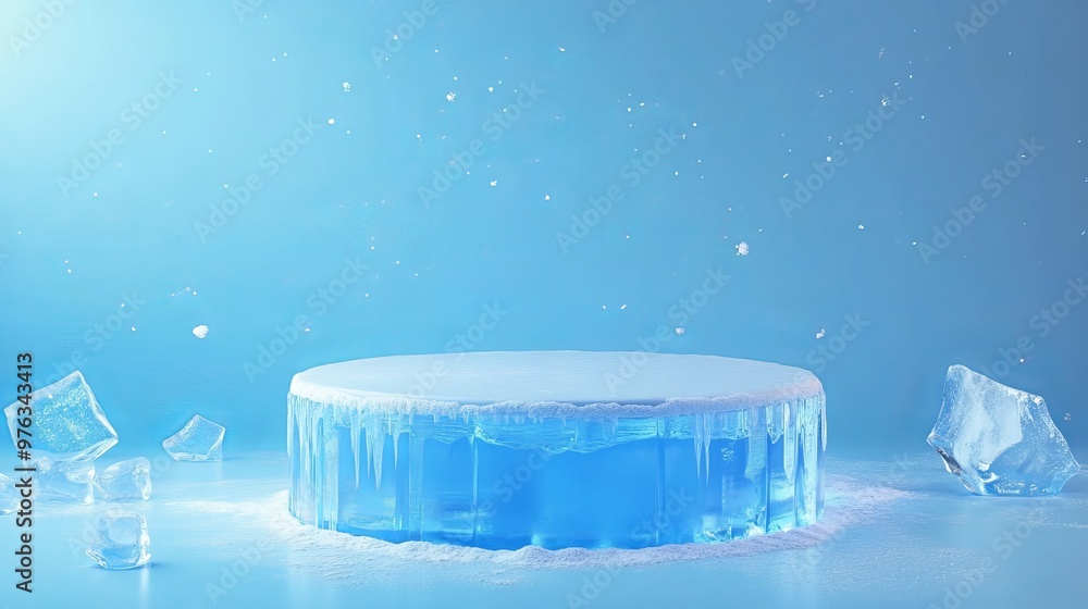 Poster 3d illustration of a cool ice cube podium stage with a blue background designed for a winter product