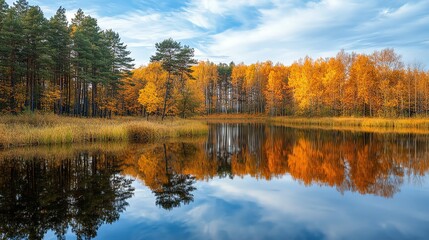 Obraz premium A serene autumn scene with colorful trees reflected in a calm lake.