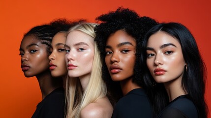 Obraz premium Group of multicultural women in elegant attire, emphasizing diversity in fashion and beauty.