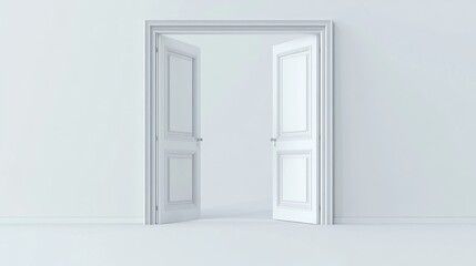 3D illustration of open white double doors isolated on a blue background