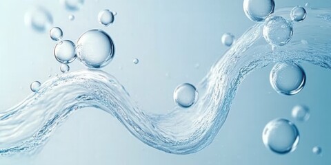 Clear water droplets and swirling liquid elements, evoking freshness and purity. Ideal for cosmetics, skincare, or wellness design projects. The dynamic shapes and blue tones create background.