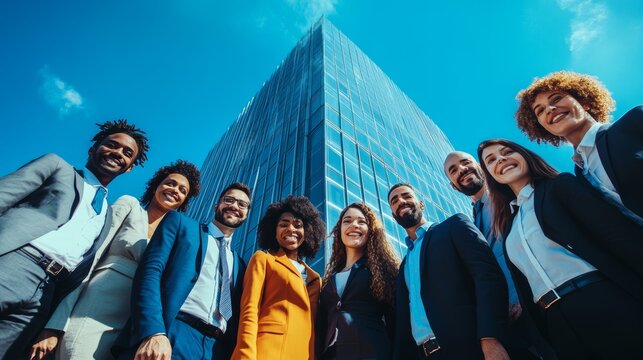 Diverse group of professionals standing before a modern building, embodying corporate diversity.