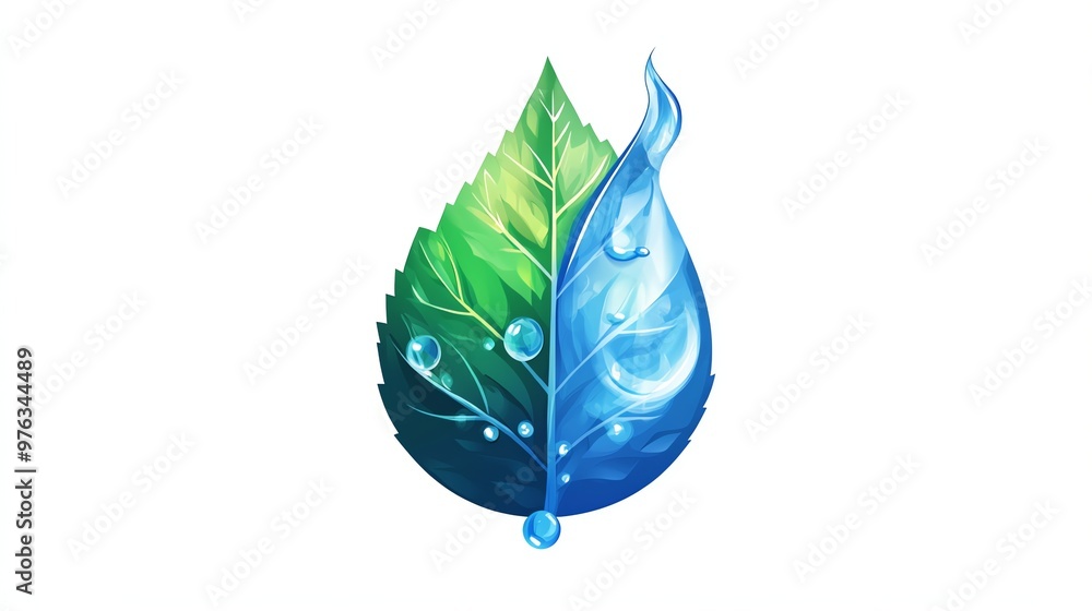 Poster a stylized leaf split in half with one side representing water and the other side representing a lea
