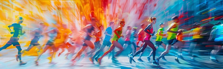 The photograph captures marathon runners in a dynamic blur, exuding energy and movement in a vibrant race scene