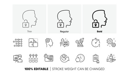 Order, Clipboard and Timer line icons. Pack of Evaporation, Fake news, Chemistry lab icon. Share idea, Engineering, Presentation pictogram. Quick tips, Puzzle, Work. Microscope. Line icons. Vector