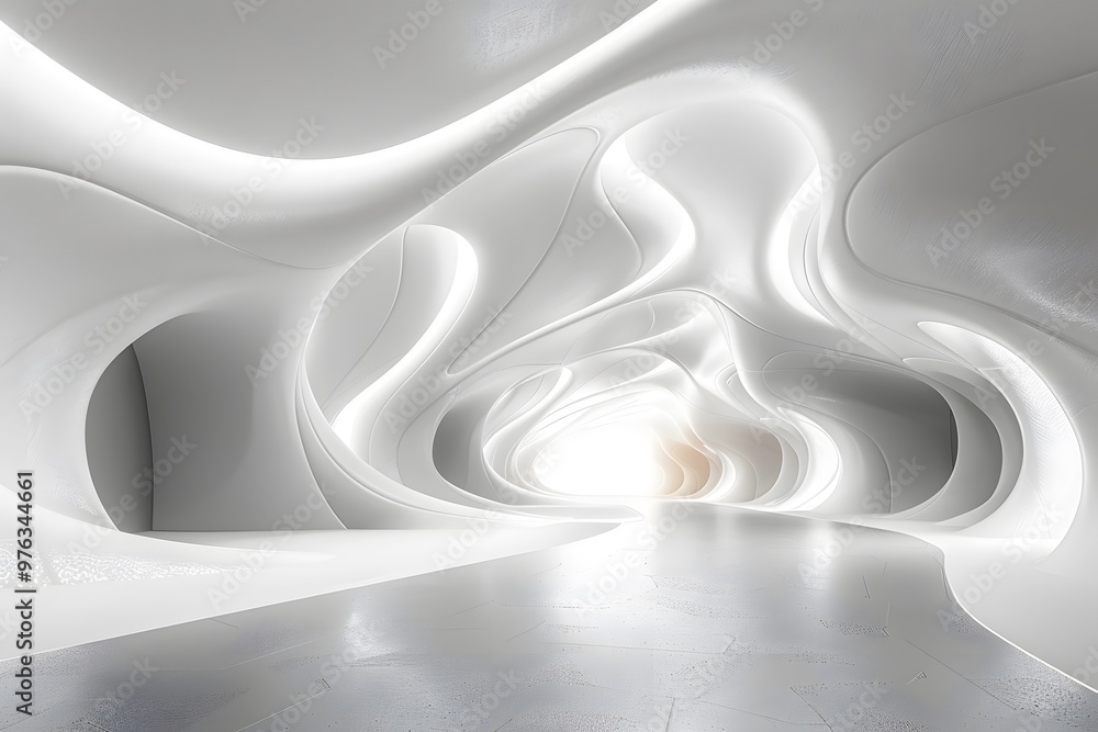 Poster ethereal white abstract space with flowing forms and soft light