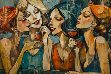 Four stylish women at a retrothemed bar, enjoying drinks and conversation, showcasing fashion and glamour