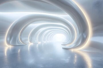Naklejka premium Ethereal Futuristic Corridor with Flowing Shapes and Soft Lighting