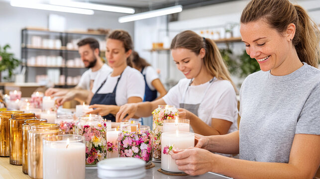 a group of people attending a candle-making workshop, each working on their own floral-infused candle