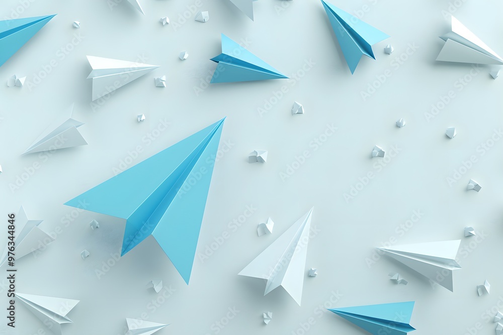 Poster a dynamic display of paper airplanes in blue and white against a soft background
