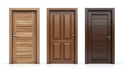 3D realistic rendering of wooden front door designs available in brown and white variations The modern entrance doors feature a closeup mockup of the frame and metal handle