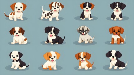 A collection of cute puppy breeds in various poses.