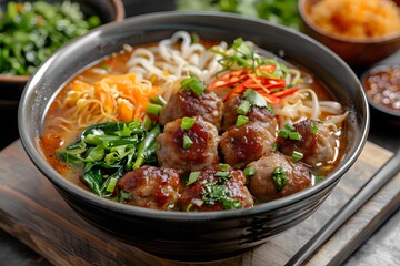 Delicious Bowl of Meatball Noodle Soup with Fresh Vegetables and Spices