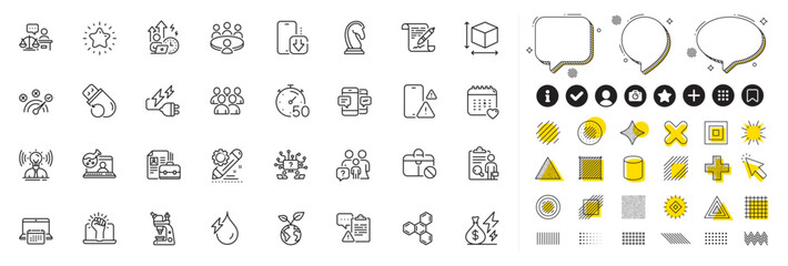 Set of Inspect, Timer and Calendar line icons for web app. Design elements, Social media icons. Jobless, Meeting, Hydroelectricity icons. Vector