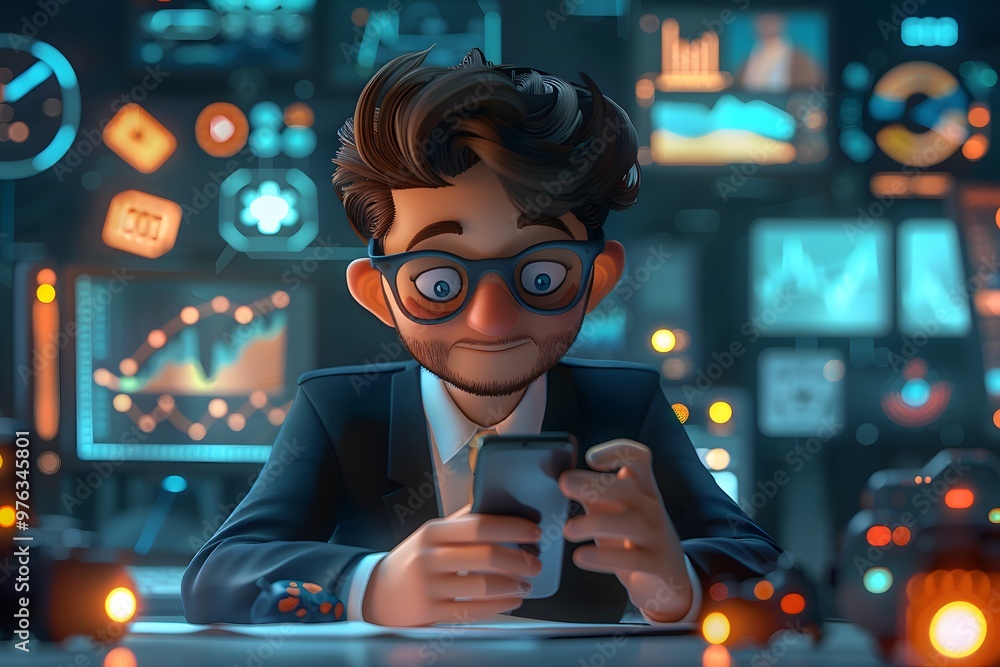 Poster engaged analyst in a high-tech environment analyzing data on a smartphone