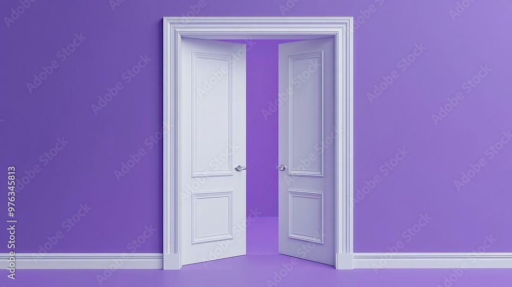 Poster 3d render of a double door halfopened isolated on a violet background as an architectural or interio
